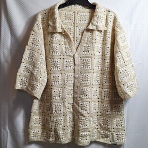 NWT$ SUMWON Crochet Open-Knit Button-Up Short Sleeve Shirt Sz L Beige Ivory Boho